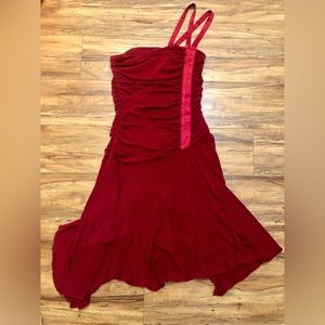 ZINC wine red asymmetrical dress with one shoulder double ribbon strap